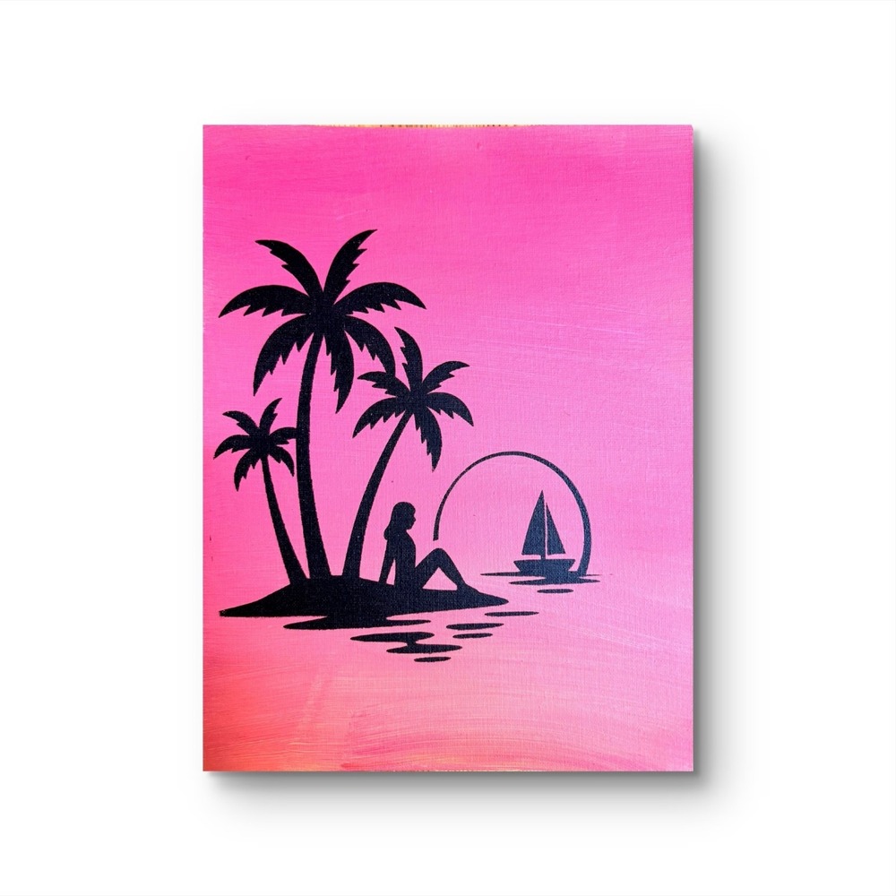 Papa Diouf Painting Tropical Palm Tree Silhouette Pink 11x14 NEW